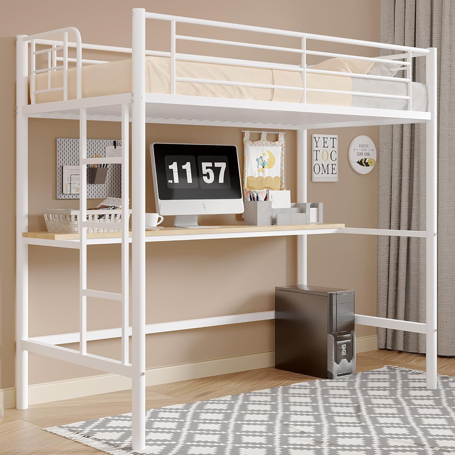 VECELO Loft Bed Twin Size with Desk, Metal Bedframe with Removable Ladder and Safety Guardrail, No Box Spring Needed, Space Saving, Noise Free, Nature&White