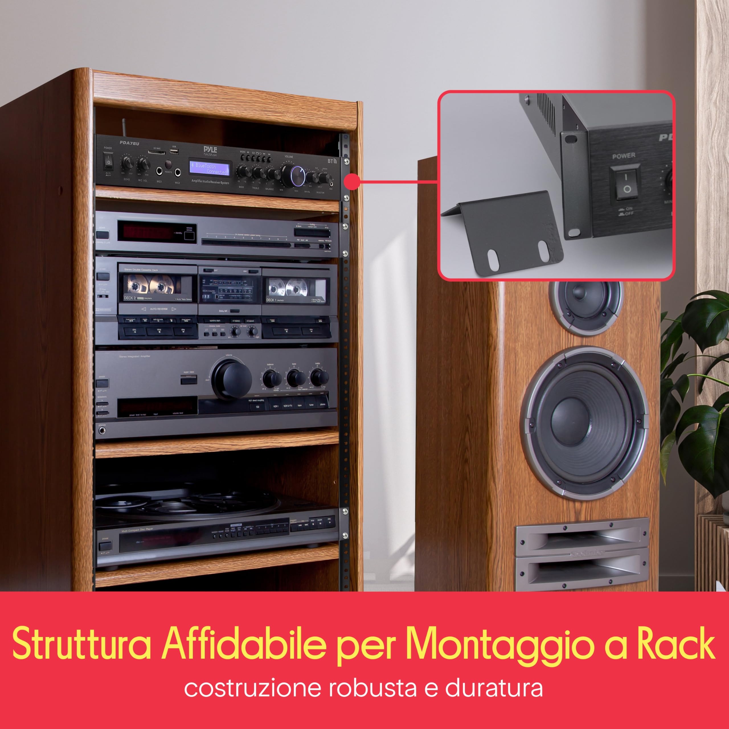 Pyle Ricevitore Bluetooth a 5 Canali, Amplificatore Audio per Home Theater, Streaming senza Fili, MP3/USB/SD/AUX/FM, 200 Watt, Display LCD ID3, Nero