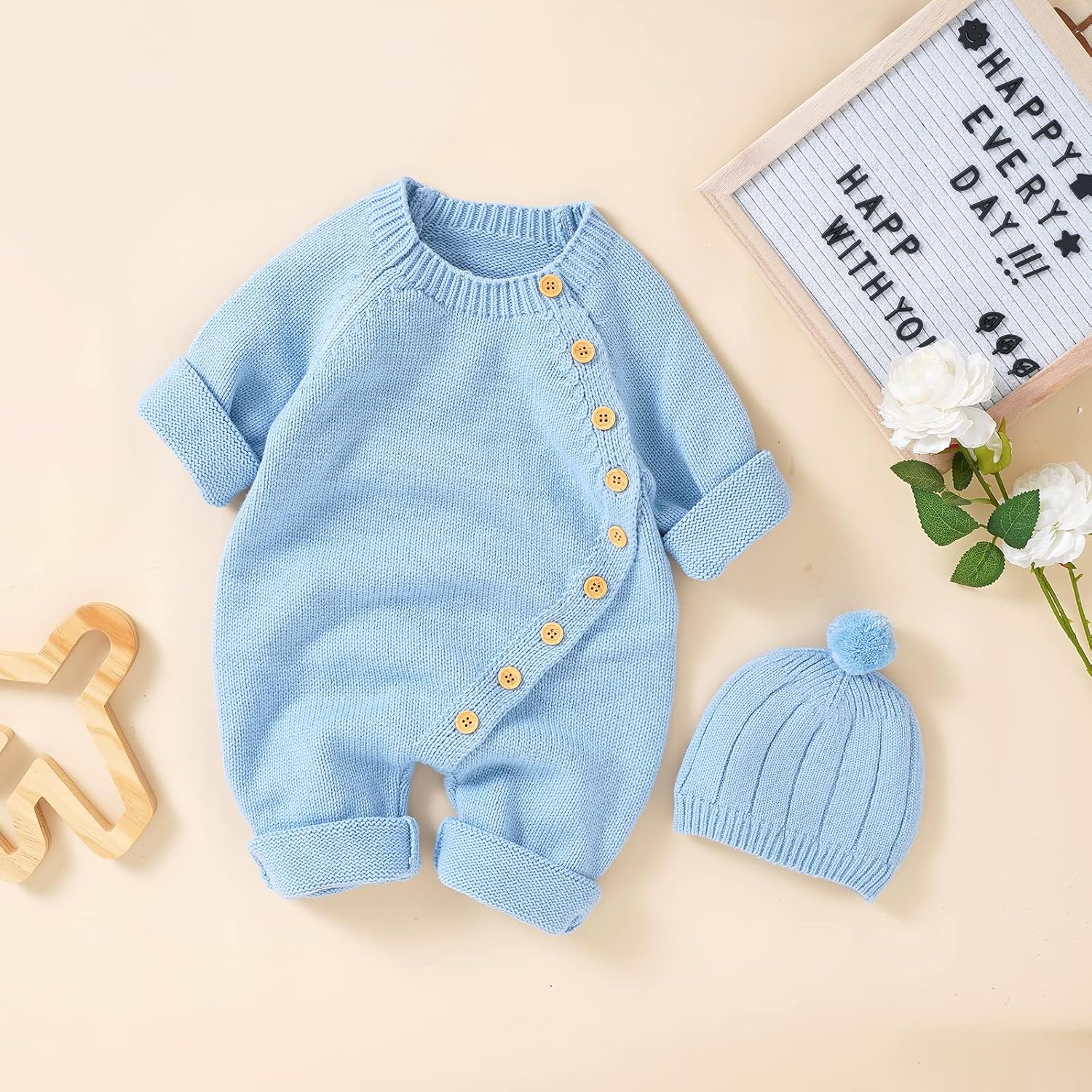 Newborn Baby Boy Girl Footie Romper Waffle Knit Side Button Jumpsuit Infant Sweater Coverall with Hat - Image 4