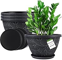 Nooulap 4 Pack 10 Inch Gray Magnolia Pattern Plastic Plant Pots with Drainage Holes & Saucers - Indoor Outdoor Planters