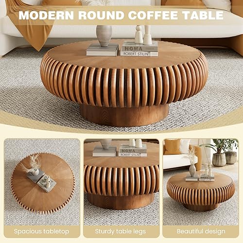 Miniatura 3 de Mesa de centro redonda acanalada de 31.5 pulgadas, moderna mesa de centro de madera para sala de estar, mesa central de alivio hecha a mano con