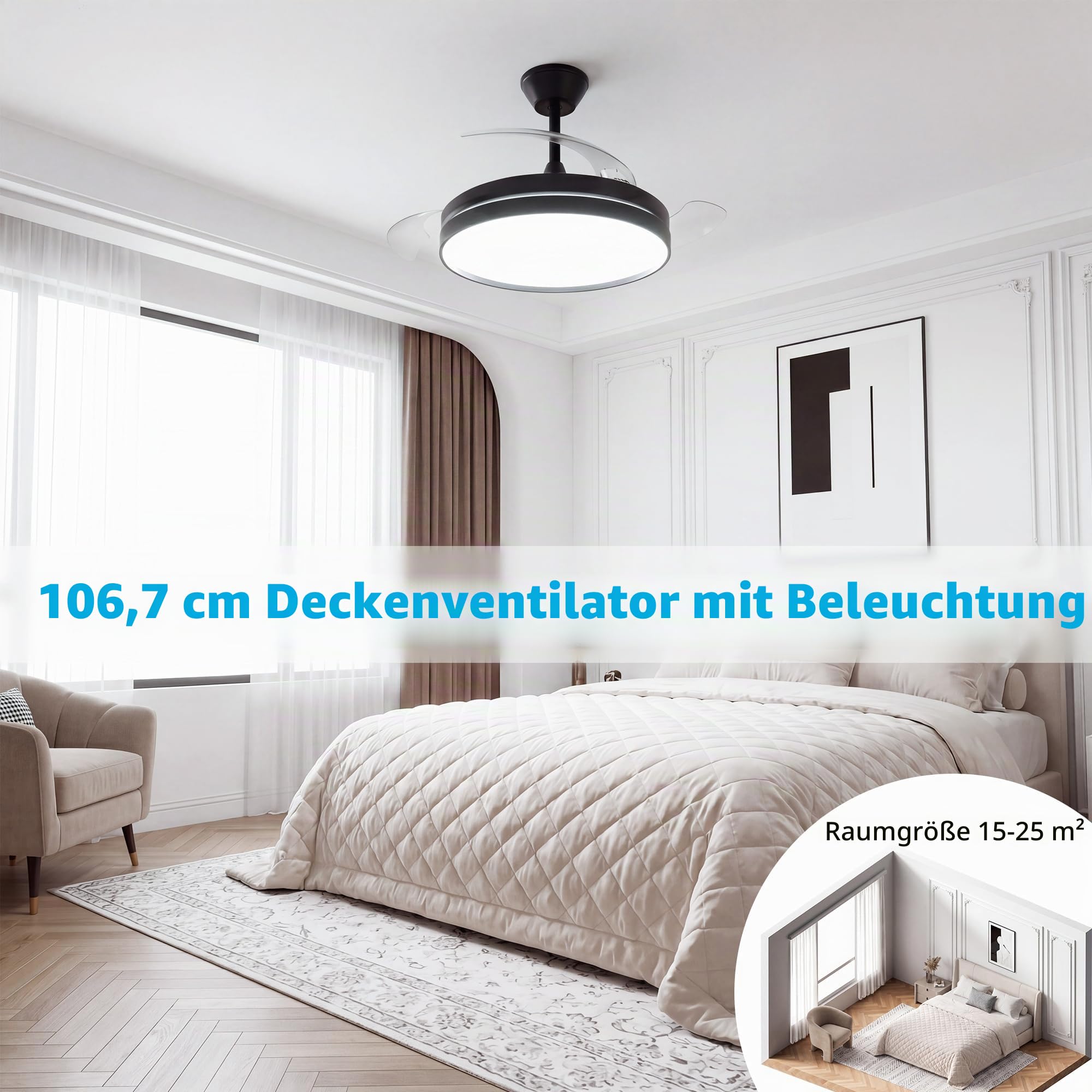 NIORSUN Deckenleuchte mit Ventilator, Deckenventilator mit Beleuchtung, App und Fernbedienung,Schwarz