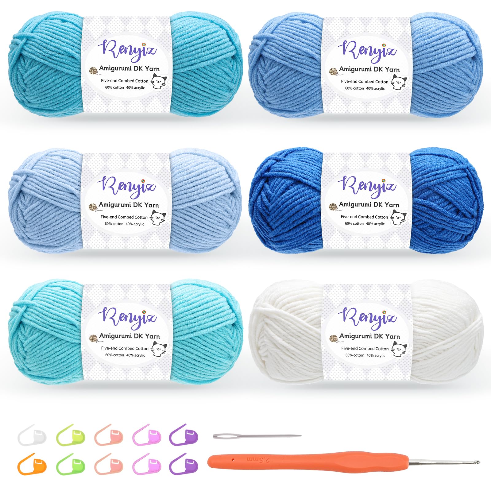 Renyiz Wolle zum Häkeln 6 x 50g Häkelgarn (60% Baumwolle, 40% Acryl) mit 2,5mm Häkelnadel & Zusatzzubehör, Ideal als Babywolle, Strickwolle, Häkelwolle und Baumwollgarn zum Häkeln Blau