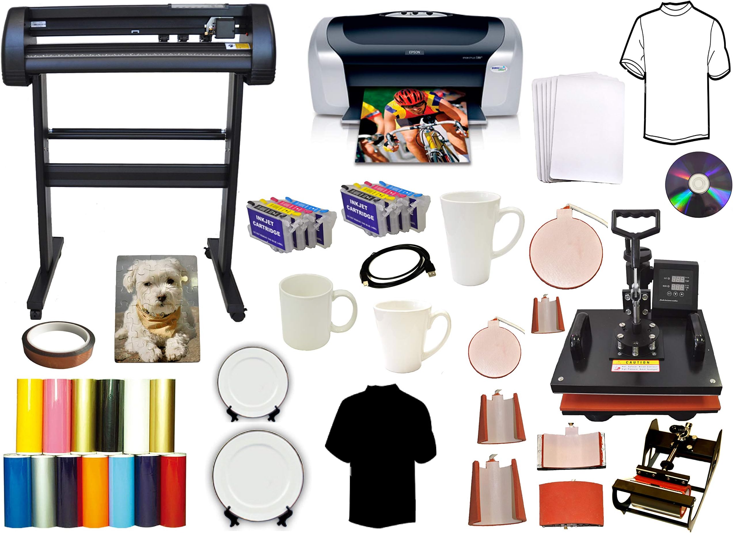 8in1 Combo Heat Transfer Press,24" Vinyl Cutter Plotter,Printer 2Refills Ink Kits Bundle