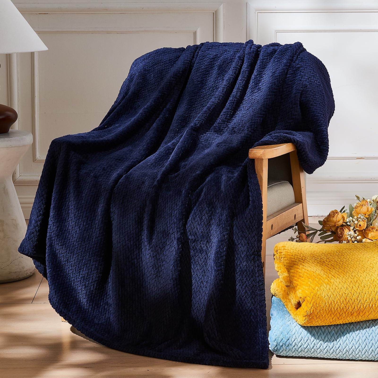 NEWCOSPLAY Super Soft Throw Blanket Premium Silky Flannel Fleece Leaves Pattern Lightweight Blanket All Season Use (Dark Navy, Throw(50"x60")) โ image 1
