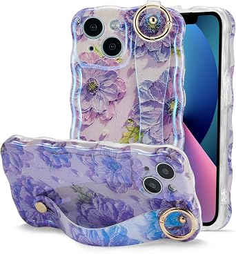 QLTYPRI Case for iPhone 15, Laser Colorful Oil Painting Flower Pattern with Wrist Strap Cute Curly Wave Frame Exquisite Phone Case for Girls Women, Shockproof Protective Cover - Purple