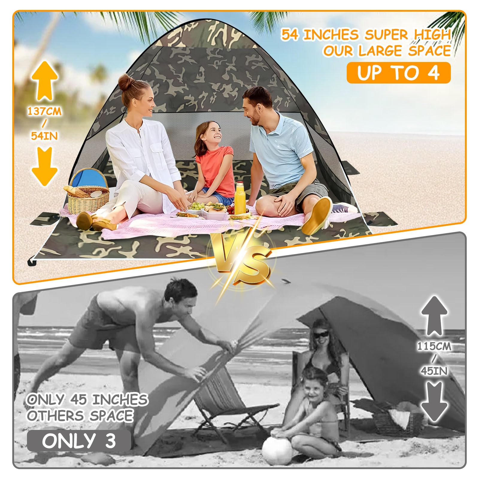 Przenośny namiot plażowy, ochrona przeciwsłoneczna UV UPF 50+, schronisko plażowe anty UV, akcesoria plażowe na kemping plaża wędkarstwo ogród, namiot plażowy anty UV z torbą transportową, 200 x 165 x