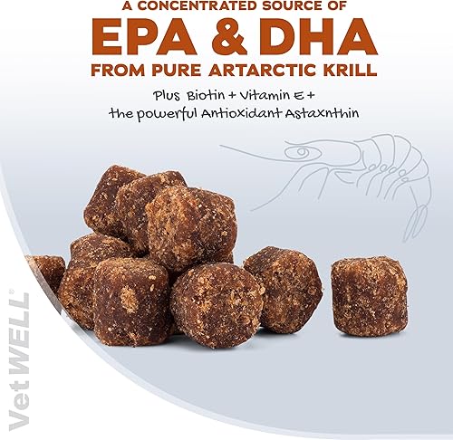Miniatura 4 de VetWELL Suplemento Omega 3 para perros con aceite de krill antártico, astaxantina, Omega 3 6 9, EPA, DHA para una piel y pelaje increíbles (60