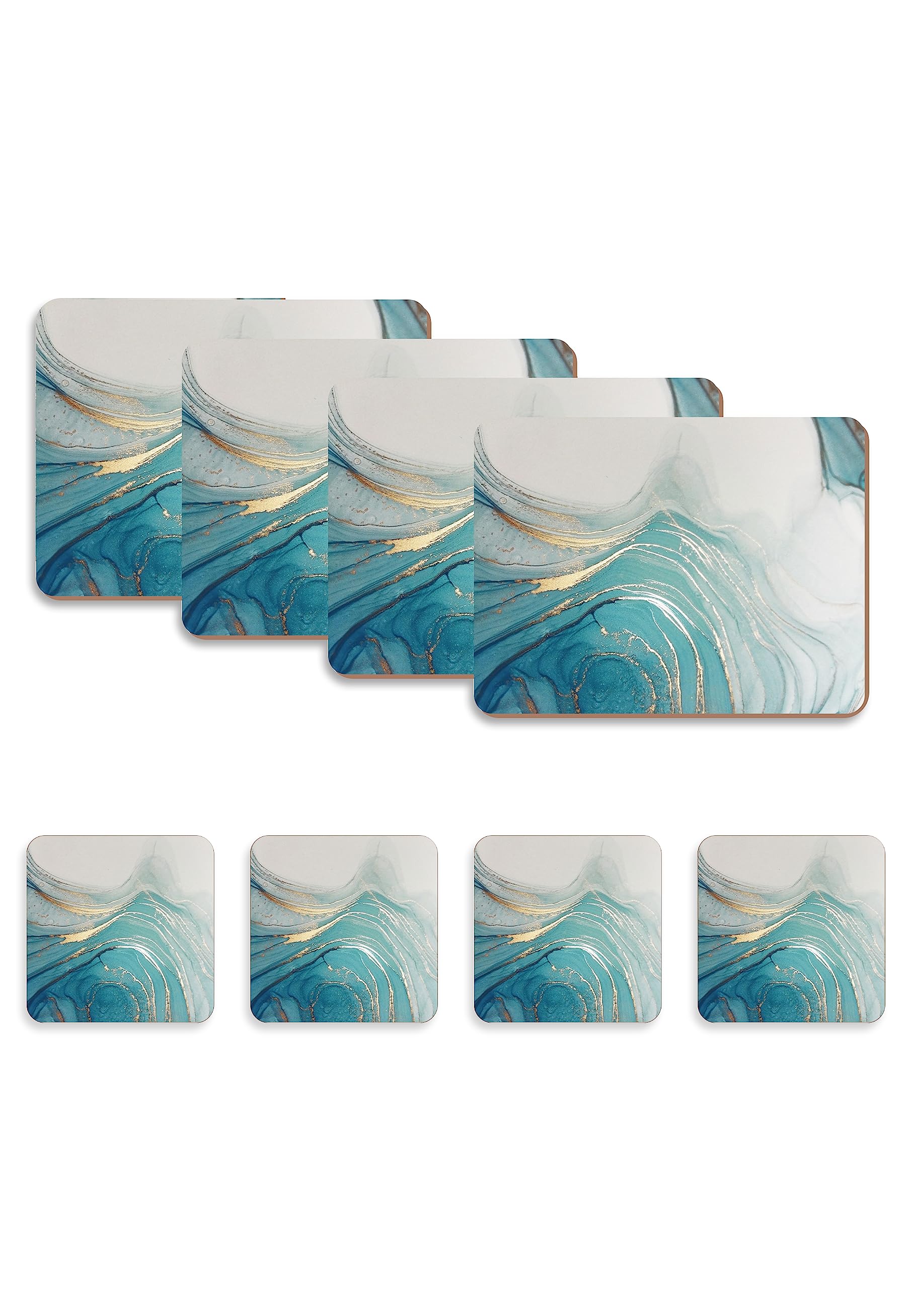 Placemats and Coasters Set of 4 - Printed Design, Heat Resistant, Waterproof, Non-Slip Cork Table Mats in Matte Finish, Elegant Placemats & Coasters for Cups, Mugs, Plates & Pans - Aqua Marble