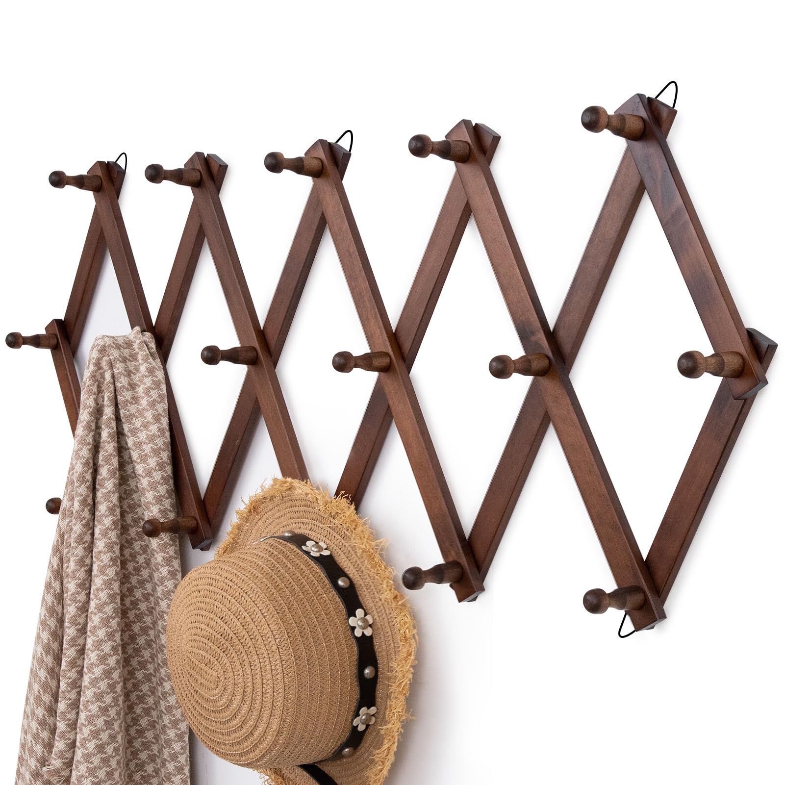 Qiannhee Perchero de Pared Madera con 16 Ganchos Perchas Pared Acordeón Percheros Extensible para Entrada, Salón, Dormitorio, Pasillo, Vintage Perchero para Tazas Sombreros, Madera Maciza 80cm 100cm