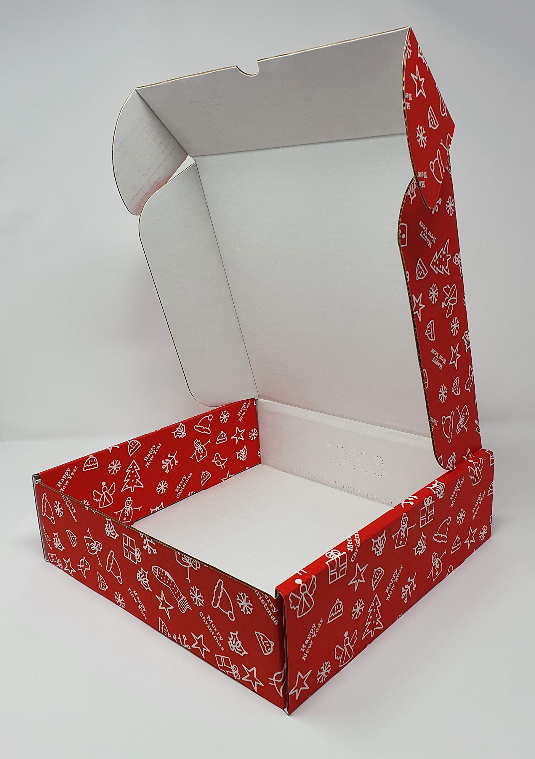 10 x Folding Postal Cardboard Boxes Small Parcel/Mailing Self-Lock Tuck-in Flaps Flat Packed Easy to Assemble - (10'' x 10'' x 3'' (25 x 25 x 7.5cm), Christmas/New Year Printed