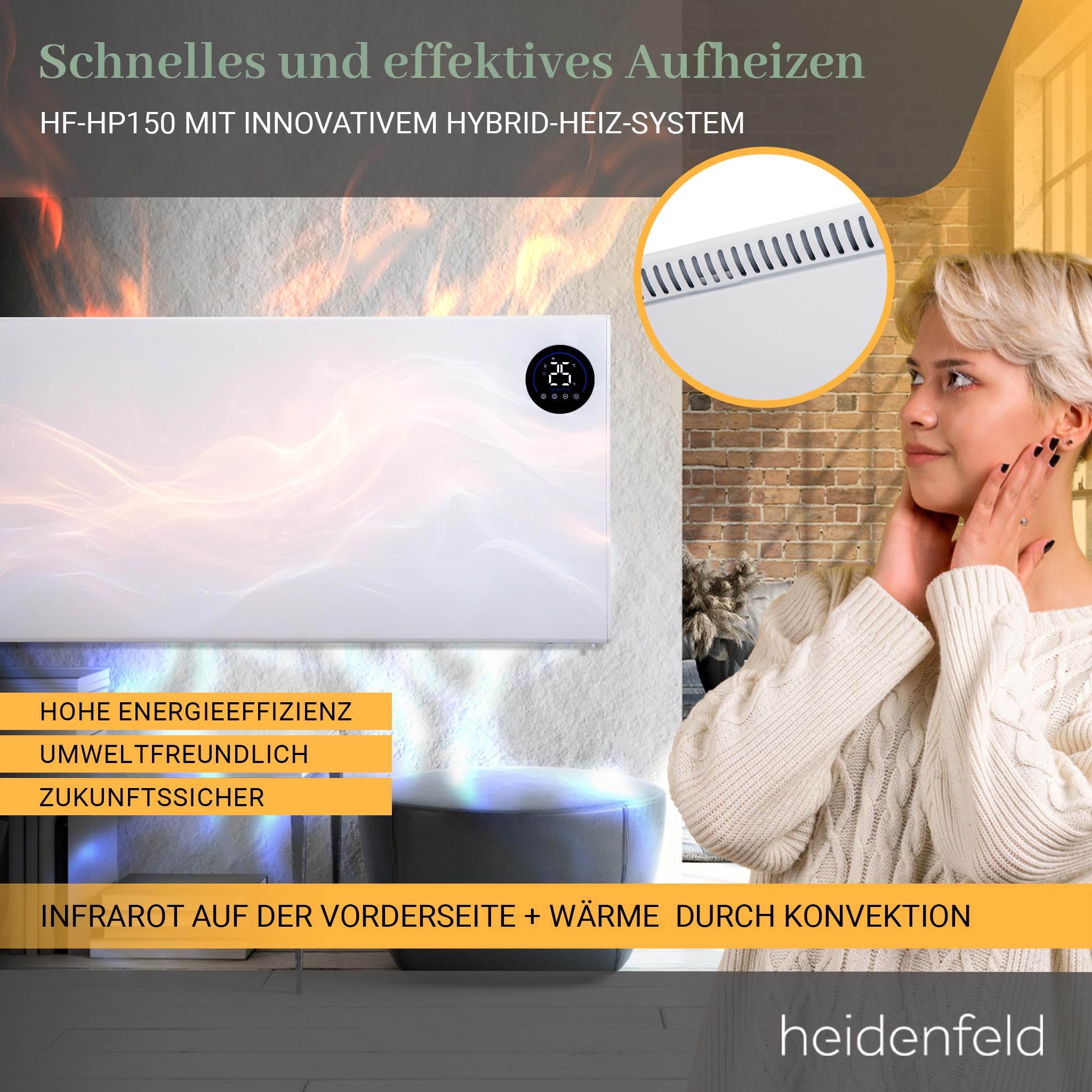 Heidenfeld Infrarotheizung & Konvektor HF-HP150 | 1000 Watt bis 25 m² | Hybrid Heizung | Steuerung via App | Fernbedienung | Touch-Bedienfeld | Infrarot Heizkörper mit Thermostat (HF-HP150 1000 Watt)
