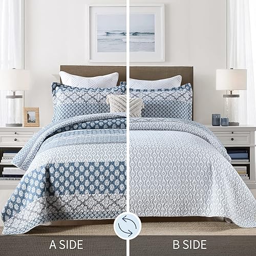 Miniatura 3 de KALOOLA Edredón tamaño King 100 algodón juego de ropa de cama King con rayas florales azules y grises colcha King reversible ligera para todas las