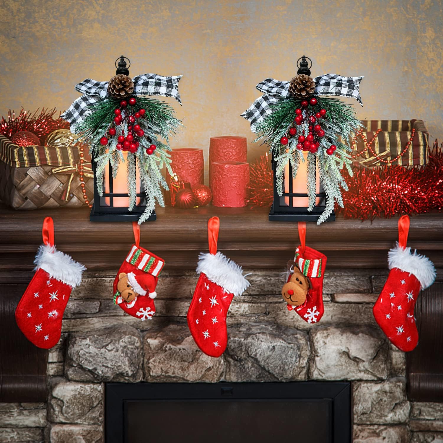 Christmas Decorative Lantern w/LED Flickering Flameless Candle - 14 Inch, Antiqued Vintage Lantern with Xmas Ornament for Outside Indoor Table Holiday Party Decorations