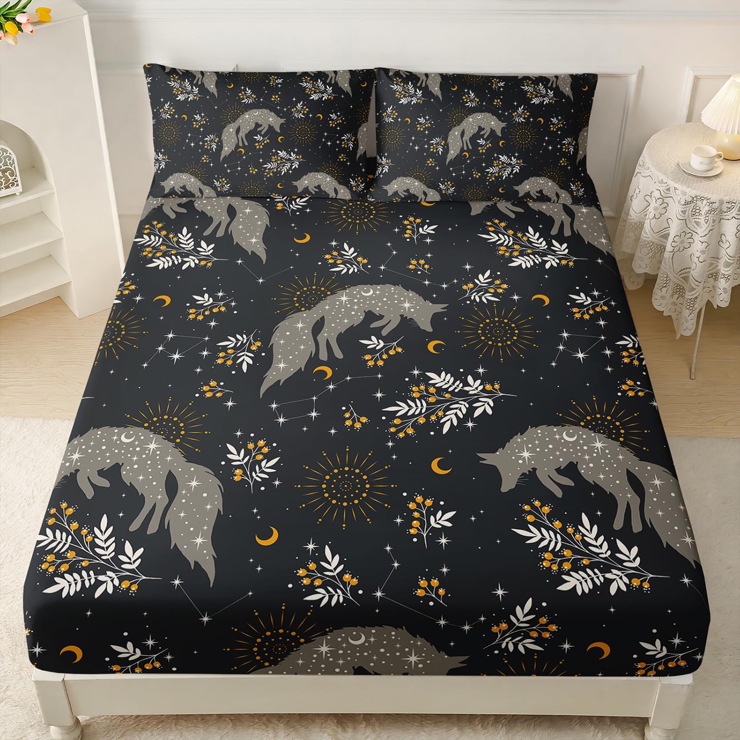 AILONEN Fox Fitted Sheet Set Twin Size,Boho Floral Fox Bed Sheet Set for Bedroom Decor,3-Piece Printed Breathable Sheet Set for Kids Boys Girls,1 Fitted Sheet with 2 Pillowcases