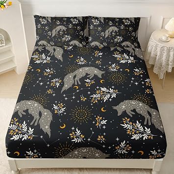مجموعة صفائح AILONEN Fox Fitted Twin Size، مجموعة ملاءات سرير Boho Floral Fox لديكور غرفة النوم، مجموعة ملاءات مطبوعة قابلة للتنفس مكونة من 3 قطع للأطفال الأولاد والبنات، ورقة واحدة مزودة بغطاءين للوسائد