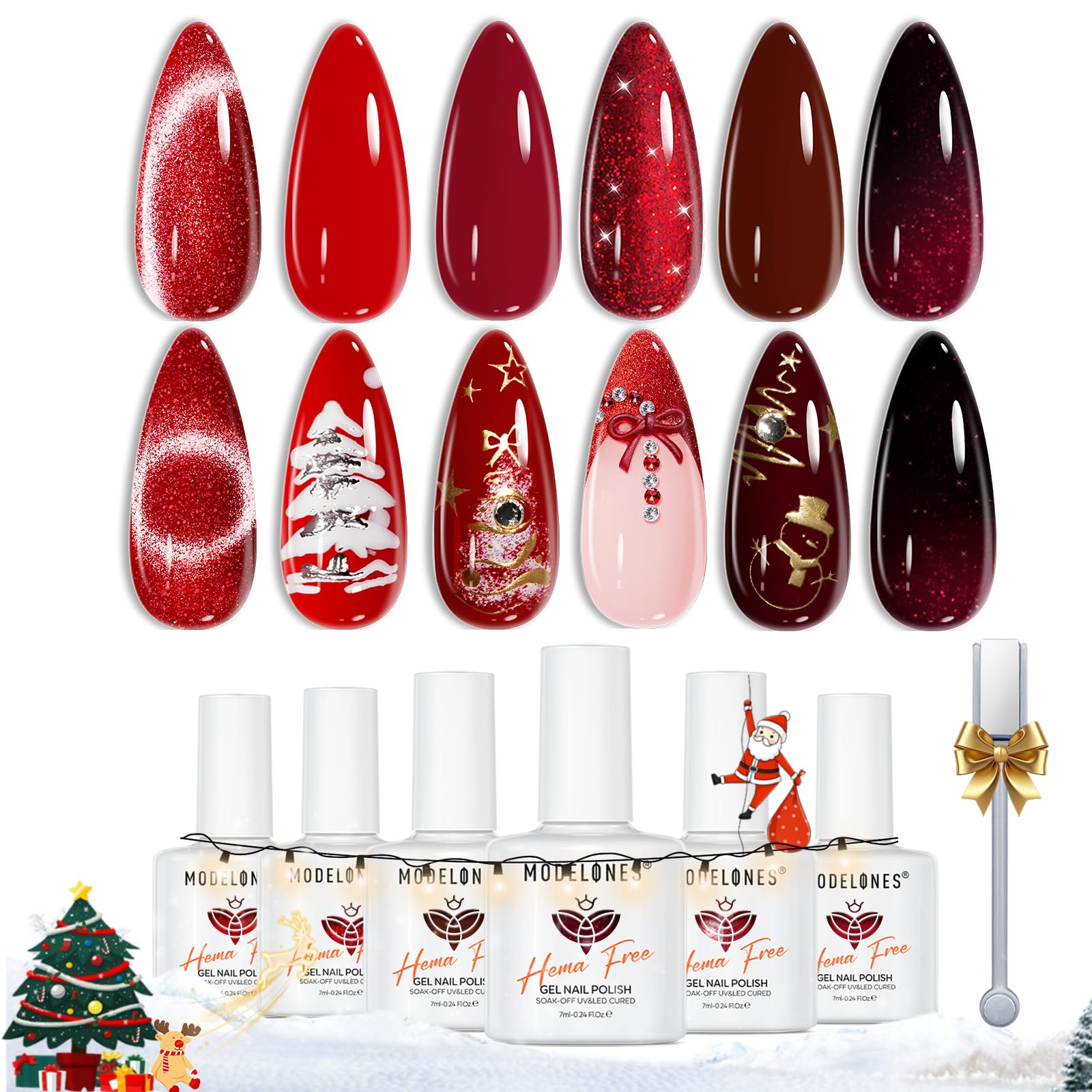 modelones Red Gel Nail Polish Set 2026 Valentine's Day 6 Colors Burgundy Cherry Dark Red Cat Eye Glitter Color Changing Hema&TPO Free Gel Polish Kit with Magnet Soak Off Nail Art DIY Gifts