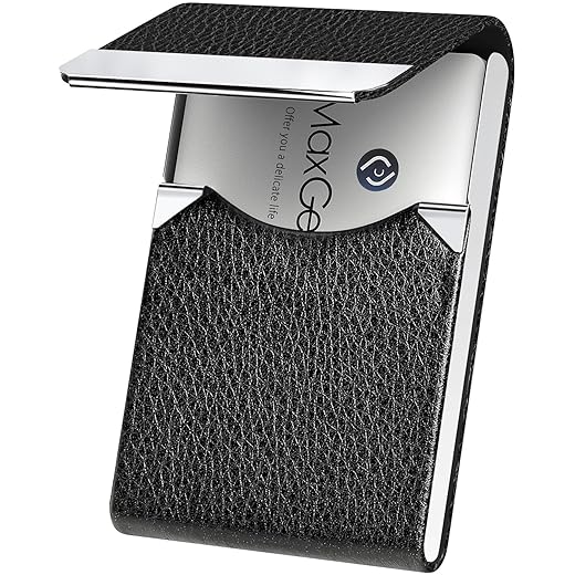 MaxGear Business Card Holder, PU Leather Business Card Case Pocket Card Holders for Men or Women, Metal Slim Name Card Holder RFID Blocking Business Card Carrier with Magnetic Closure, Black