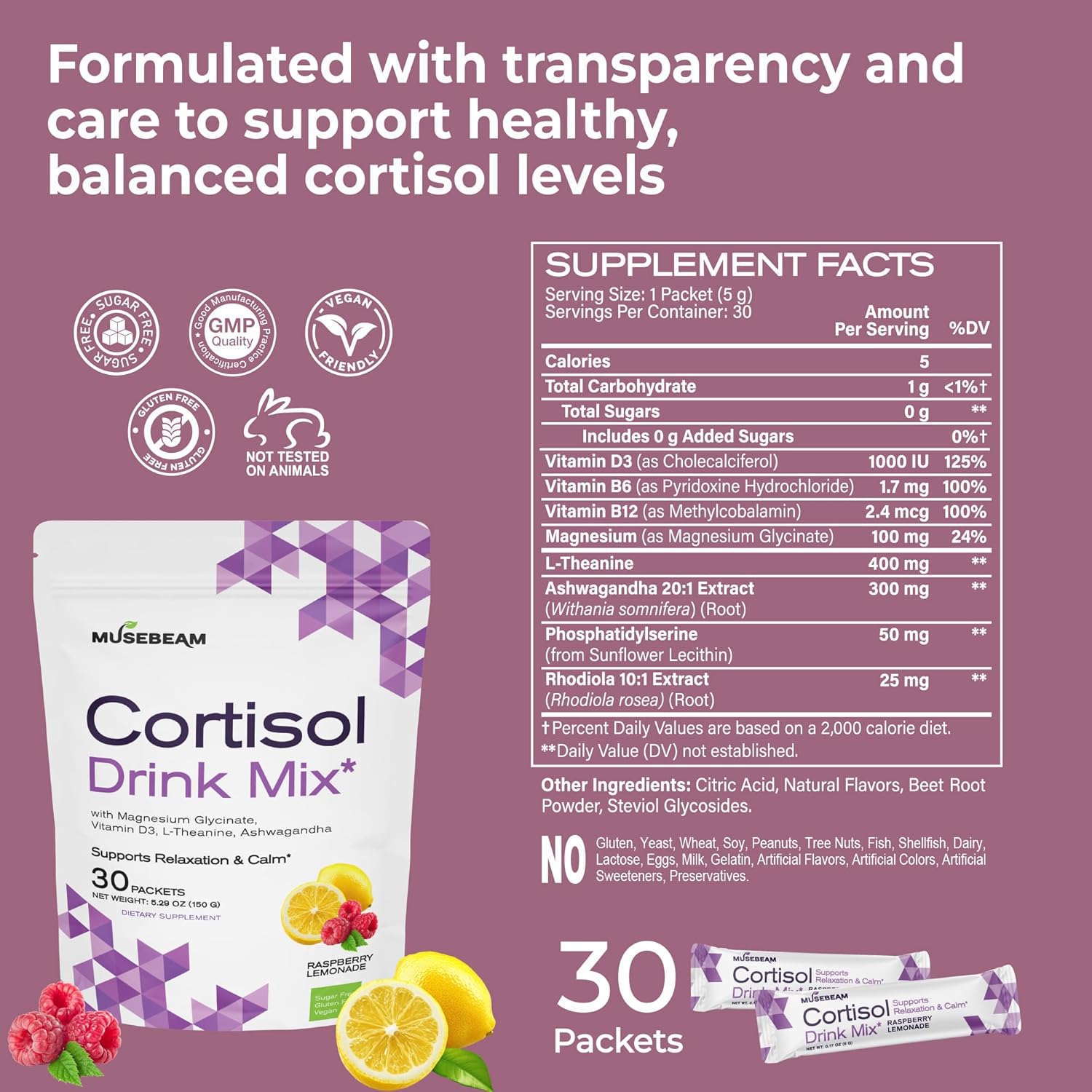 Musebeam Cortisol Calm Drink Powder Mix - Calming Stress Support Packets for Women Men with Ashwagandha Magnesium Glycinate - Relaxing Raspberry Lemonade Flavor for Healthy Cortisol Levels Relax Focus