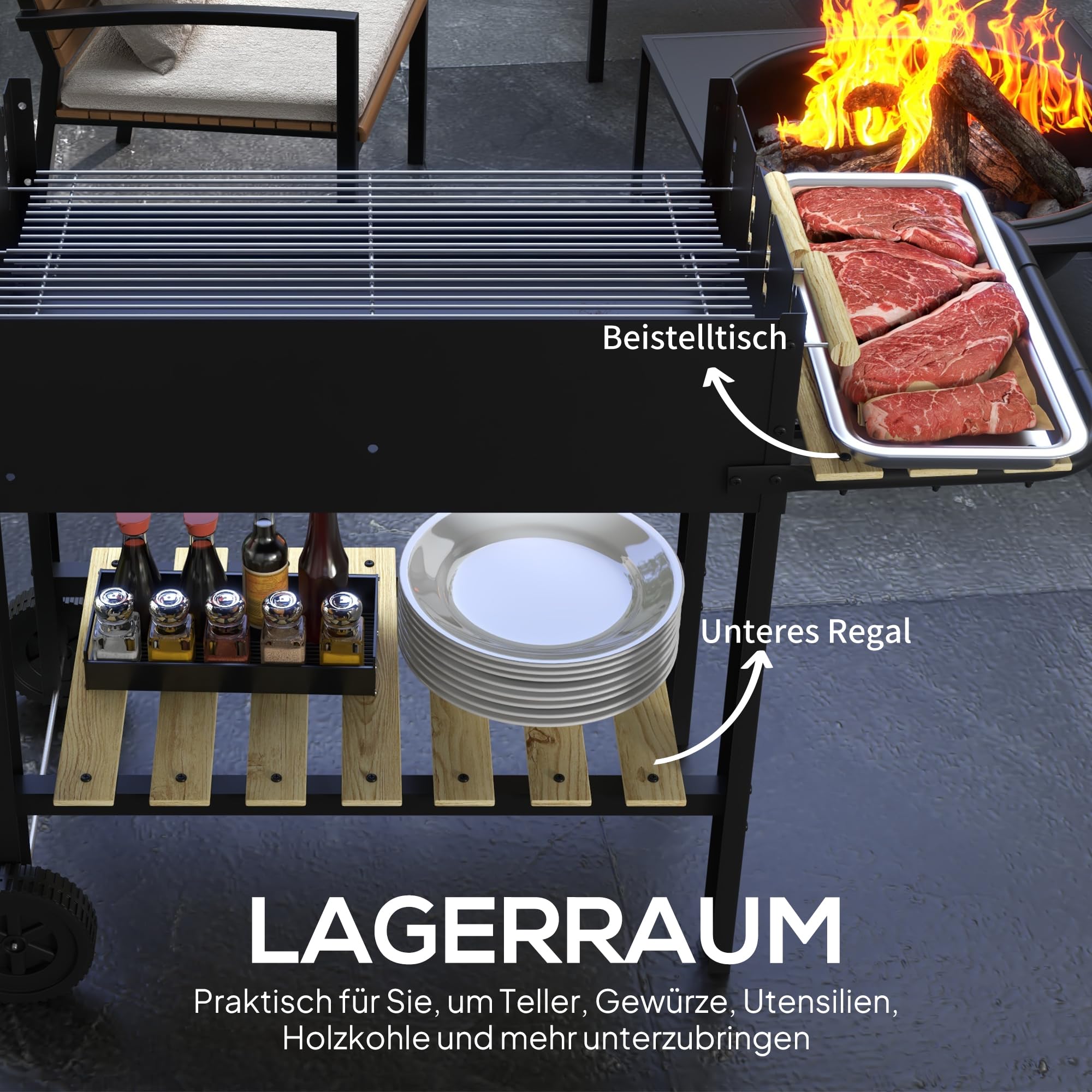 Outsunny Grill na węgiel drzewny z półką, uchwyt 113 x 53,5 x 82,5 cm, czarny | Grill ogrodowy, dwa ruszty do grillowania, grill kempingowy z metalu do grilla