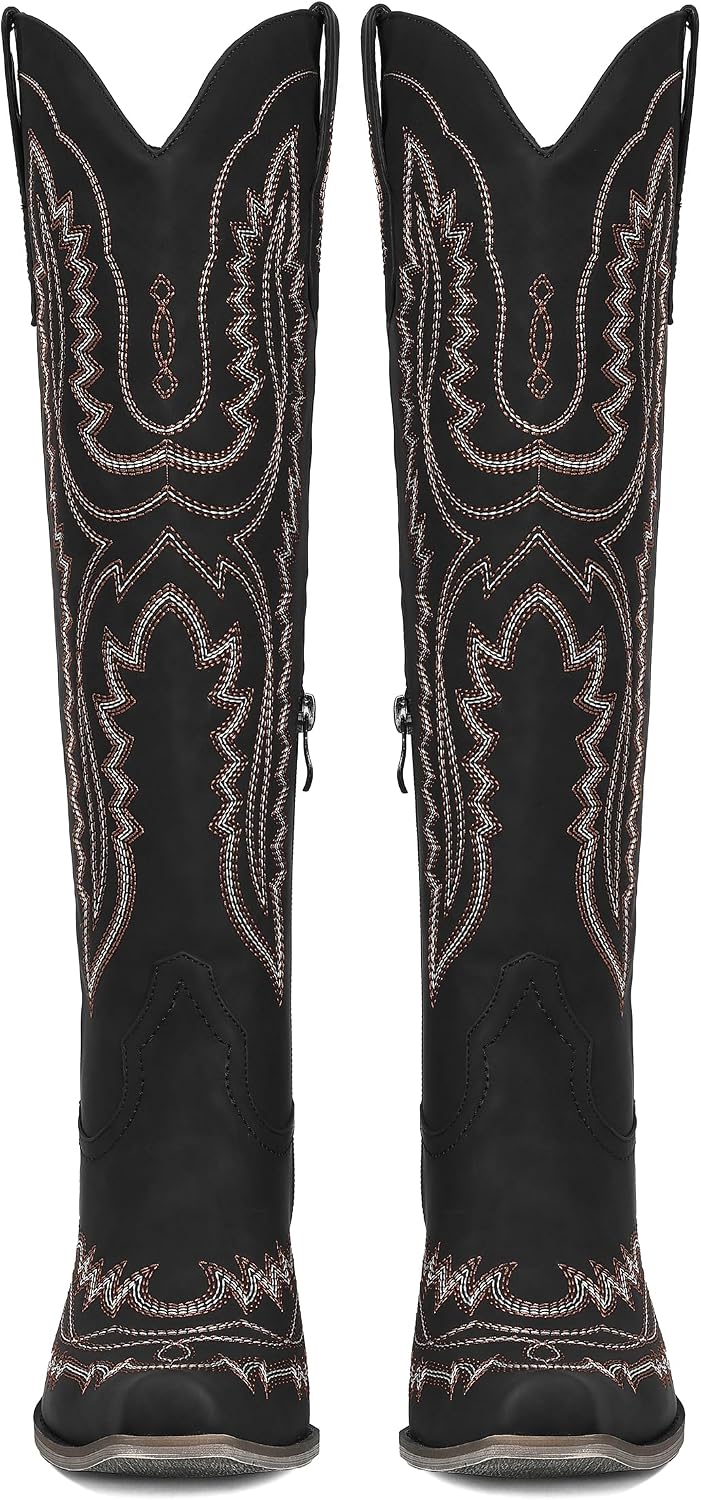 CELNEPHO Cowboy Boots for Women Western Cowgirl Boots Classic Embroidered Chunky Heel Knee High Boot Square Toe Fashion Tall Boots with Zipper for Country Concert