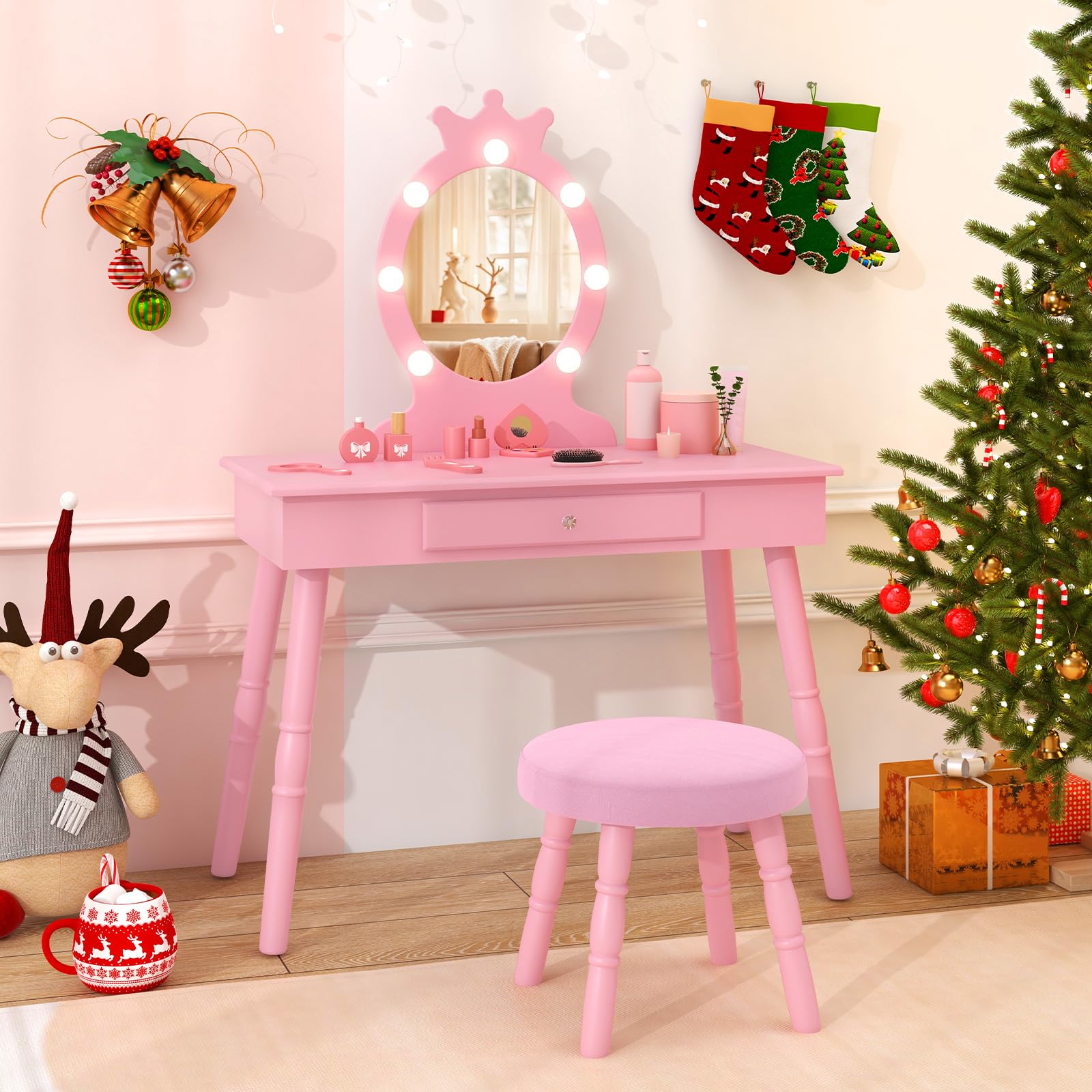 RELAX4LIFE Toeletta Trucco per Bambina con 7 Lampadine LED, 3 Colori di Luci, Specchiera Trucco con Sgabello, Toeletta in Legno, Specchio Rimovibile, per Bambini 3-7 Anni (Rosa)