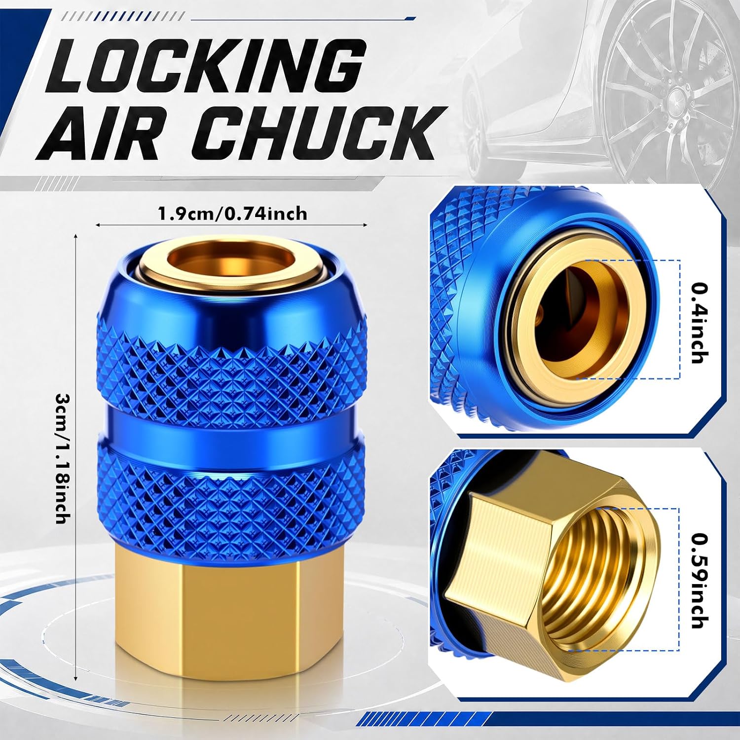 Chumia 2 Pcs Locking Air Chuck, 1/4" Fnpt Brass Closed Flow Tire Chuck Quick Connect, 2 Pcs Brass Air Inflator Adapter 1/4 Npt(M) to Standard Schrader Valve(M) for Auto Compressor & Pressure Gauge