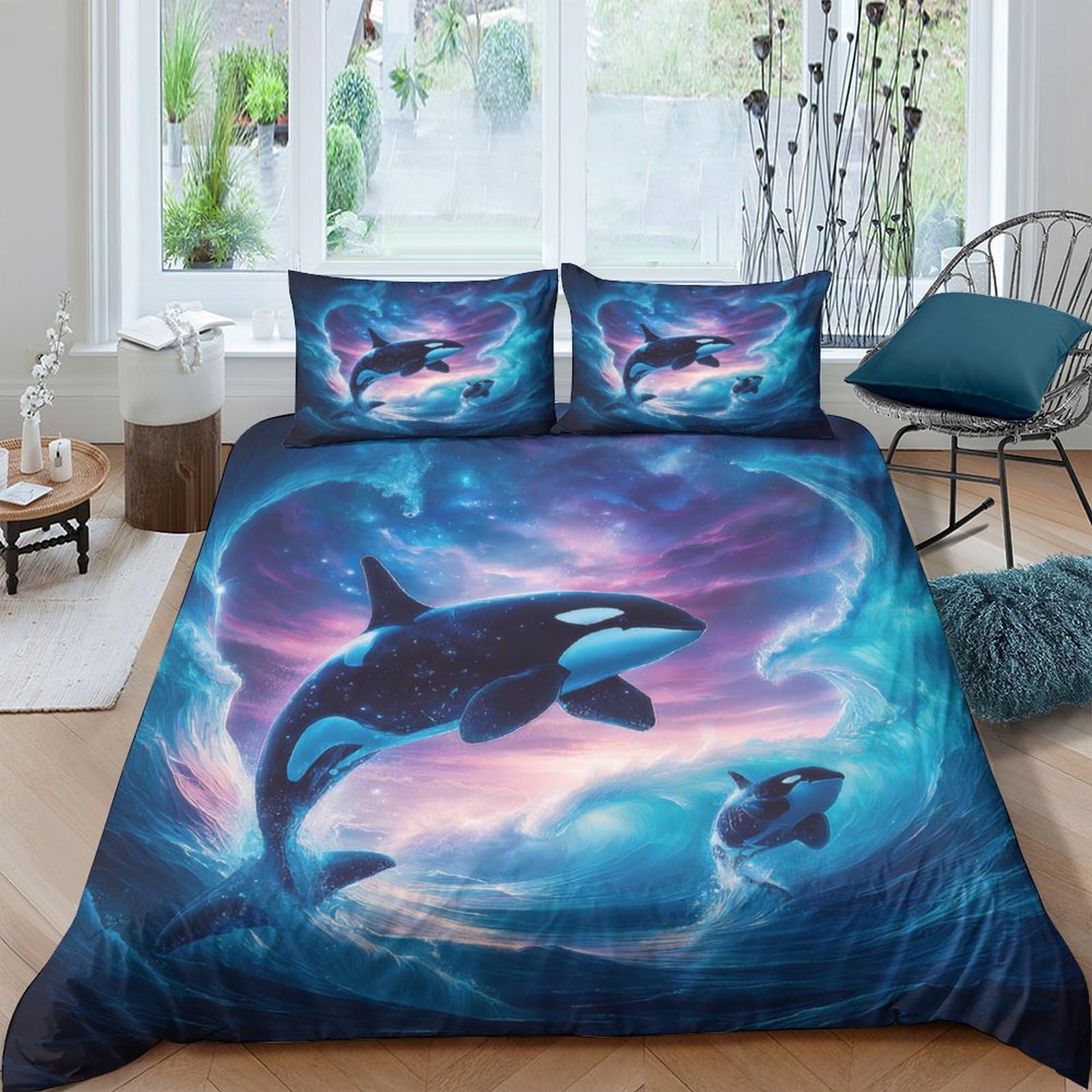 Ctjqhvkz Style-10 3D Printed Ocean Orca Fitted Sheet Microfiber Soft Blue Whale Mattress Cover For Bedroom Guest Room Decor Protection Single（135X200cm）