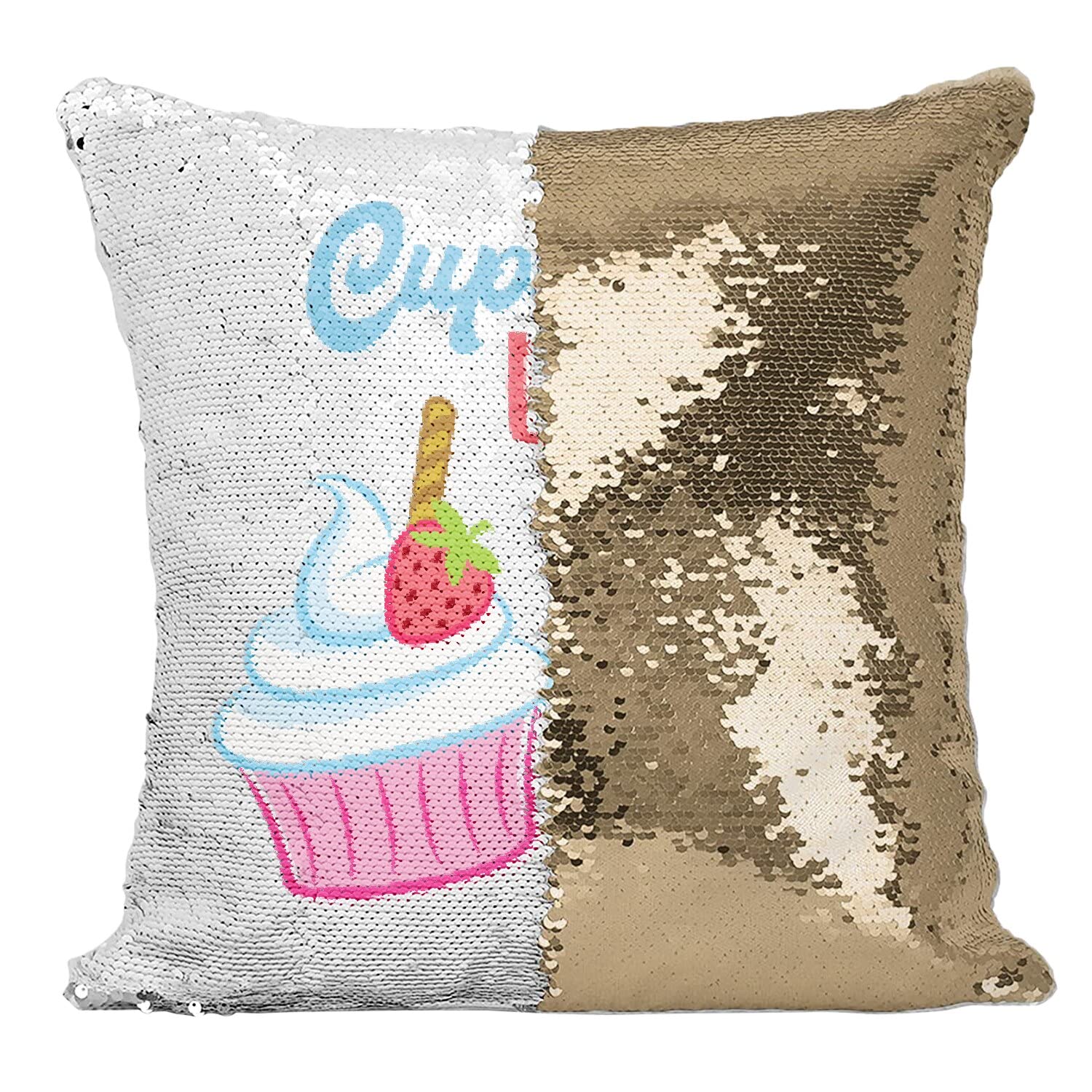Coussin sequin doré avec motif cupcake lover pour décoration canapé salon