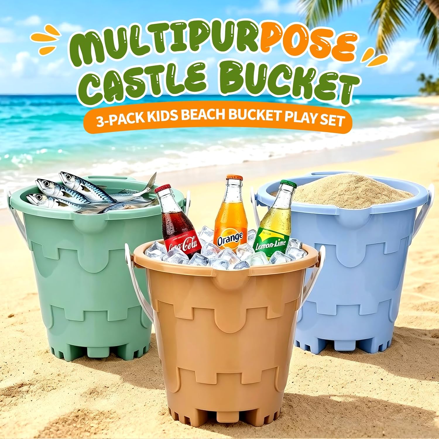 Dilabnba Beach Sand Buckets Set Toys for Kids Toddlers, Plastic Castle Mold Pails Garden Tool Bath Toys for Camping Sandbox Beach Party Fishing - 3PCS image 4