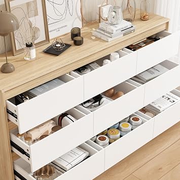 FUFU&GAGA 9 Drawer Dresser Chest of Drawers, 63 Wide Dressers, Modern Wood Drawer Chest Storage Organizer, No Handle Design, for Bedroom Living Room Hallway, Oak and White, 63W x 15.7D x 31.5H