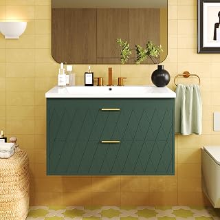 KZG 30" W Wall Mounted Bath Vanity with White Resin Sink Top, Floating Bath Cabinet with 2 Drawers, Solid Wood Bath Cabinet