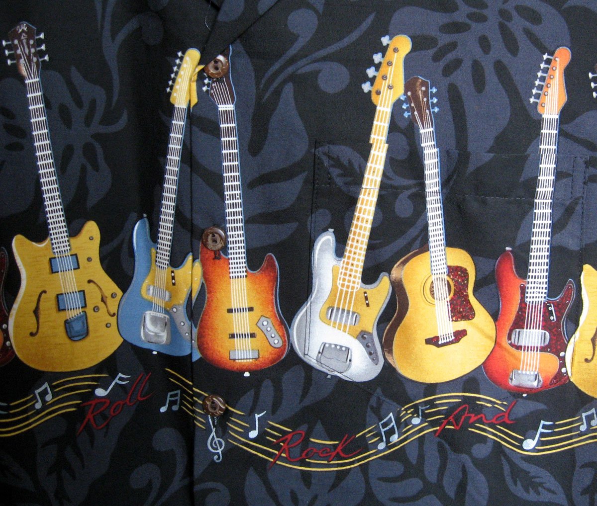 P.L.A. Pacific Legend oryginalna koszula hawajska z krótkim rękawem, męska kieszeń z przodu na guziki z nadrukiem hawajskim, gitara elektryczna Rockstar