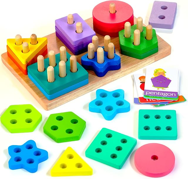 HELLOWOOD Montessori Educational Toys for 1 2 3 Years Old Toddlers Wooden Sorting and Stacking Board, 24pcs Shape Gradient Color Geometric Blocks Chunky Puzzles Gift for 12+ Months Baby Boys Girls