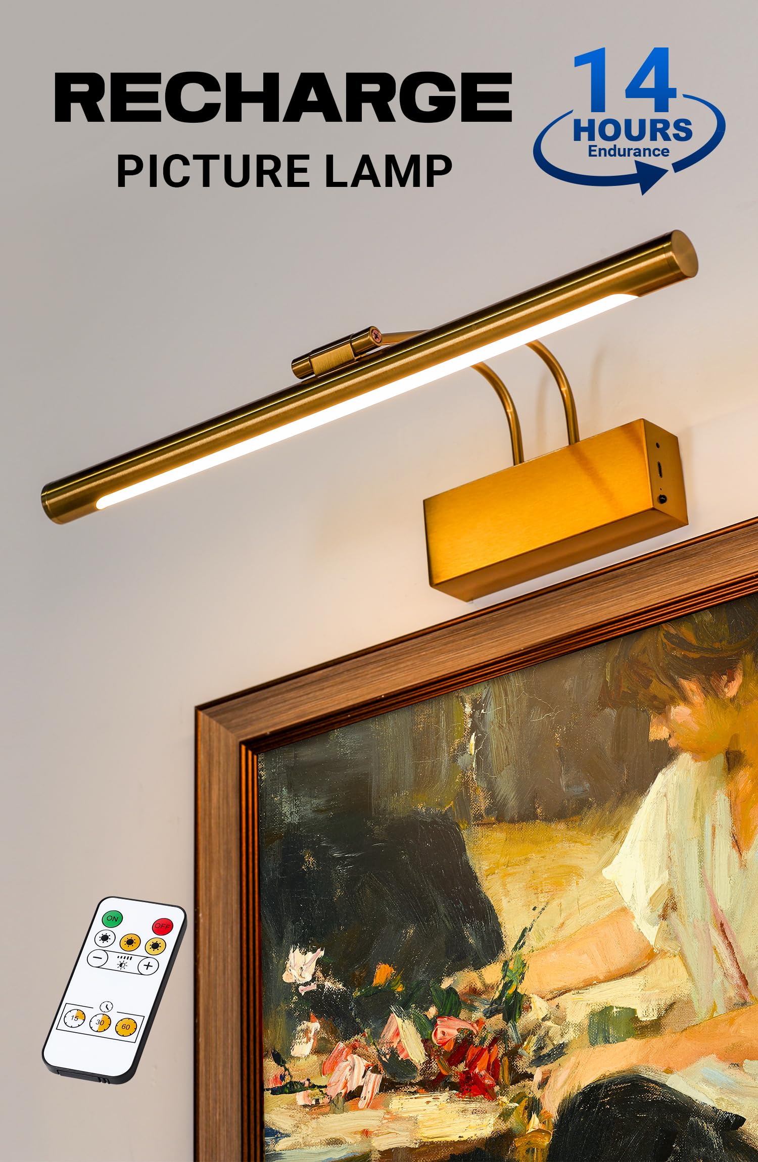 WAMBLZ Battery Operated Picture Light for Wall 16 inch Wireless Art Lighting Brass Painting Light Gold Dimmable Gallery Lights Rechargeable Picture Frame Light with IR Remote Control