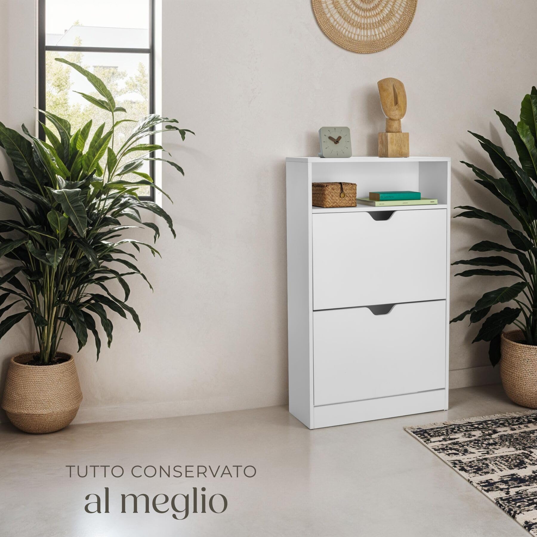 tectake® Scarpiera Moderna con 2 Cassetti a Ribalta, 4 Ripiani per 12 Paia di Scarpe, Elemento a Scaffale Aperto, Maniglie Incassate, Ripiani Smontabili, Protezione Antiribaltamento - Bianco