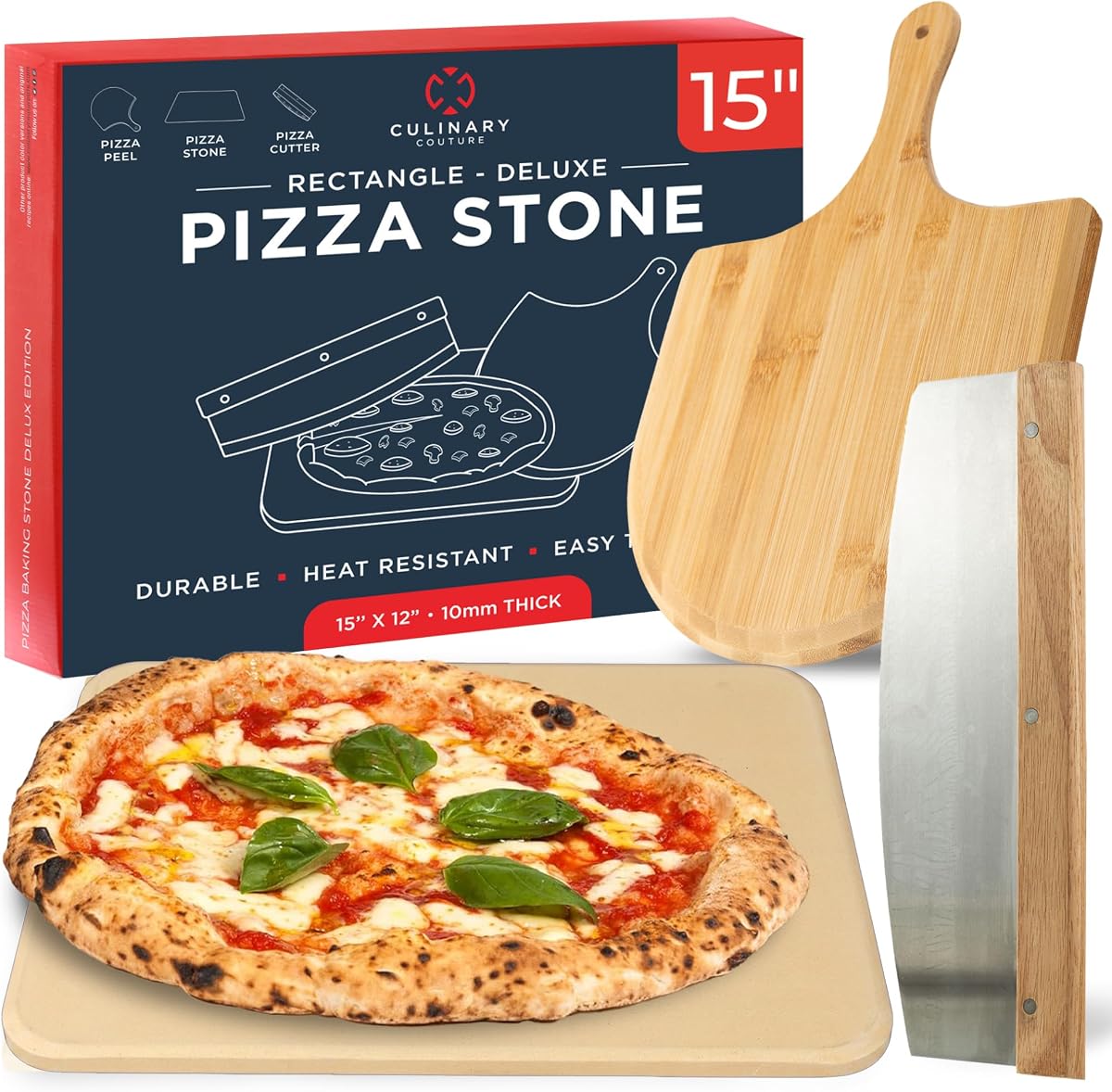 Large Pizza Stone for Oven and Grill Set - 15" x 12" - 3PCs Pizza Stone Set