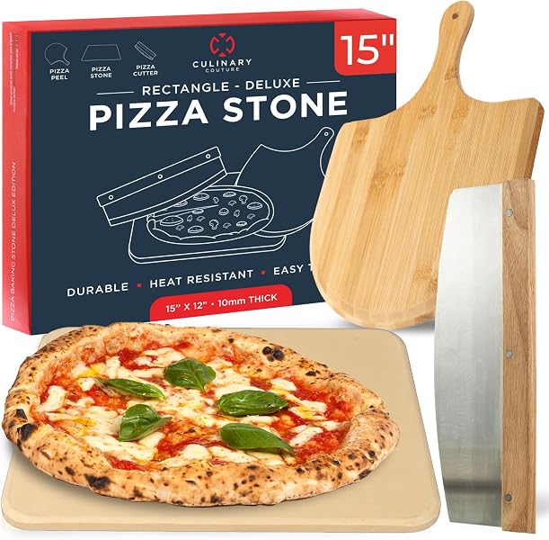 Culinary Couture fifteen by twelve inch cordierite pizza stone set with wooden peel