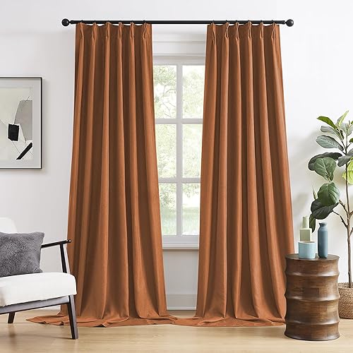Miniatura 35 de DUALIFE Cortinas opacas plisadas dorado tostado de 138 pulgadas de largo, pestaña trasera con ganchos, cortina de riel de lino con aislamiento