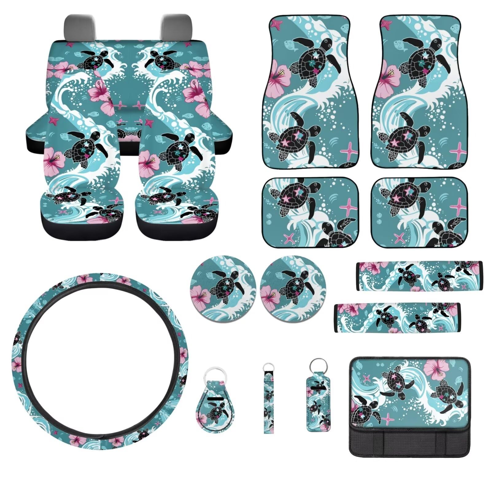 Sea Turtle Hibiscus Print 17 Pcs Car Seat Cover Full Sets Car Seat Cover Car Floor Mats Steering