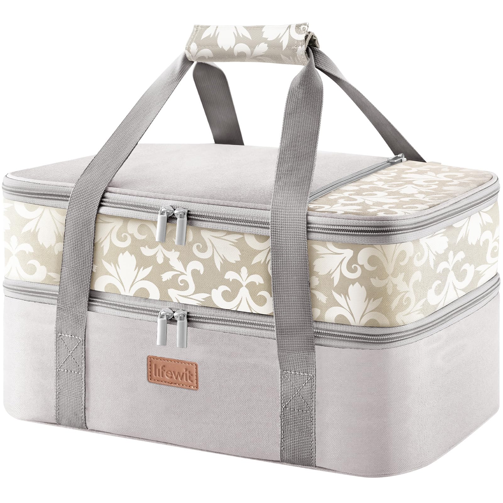 Lifewit Double Decker Casserole Carrier for Hot or Cold Food, Insulated Casserole Baking Dish Bag Food Carrier, Lasagna Holder for Potluck/Parties/Picnic/Cookouts, Fits 9"x13" Baking Dish, GreyRecycled Claim Standard 100