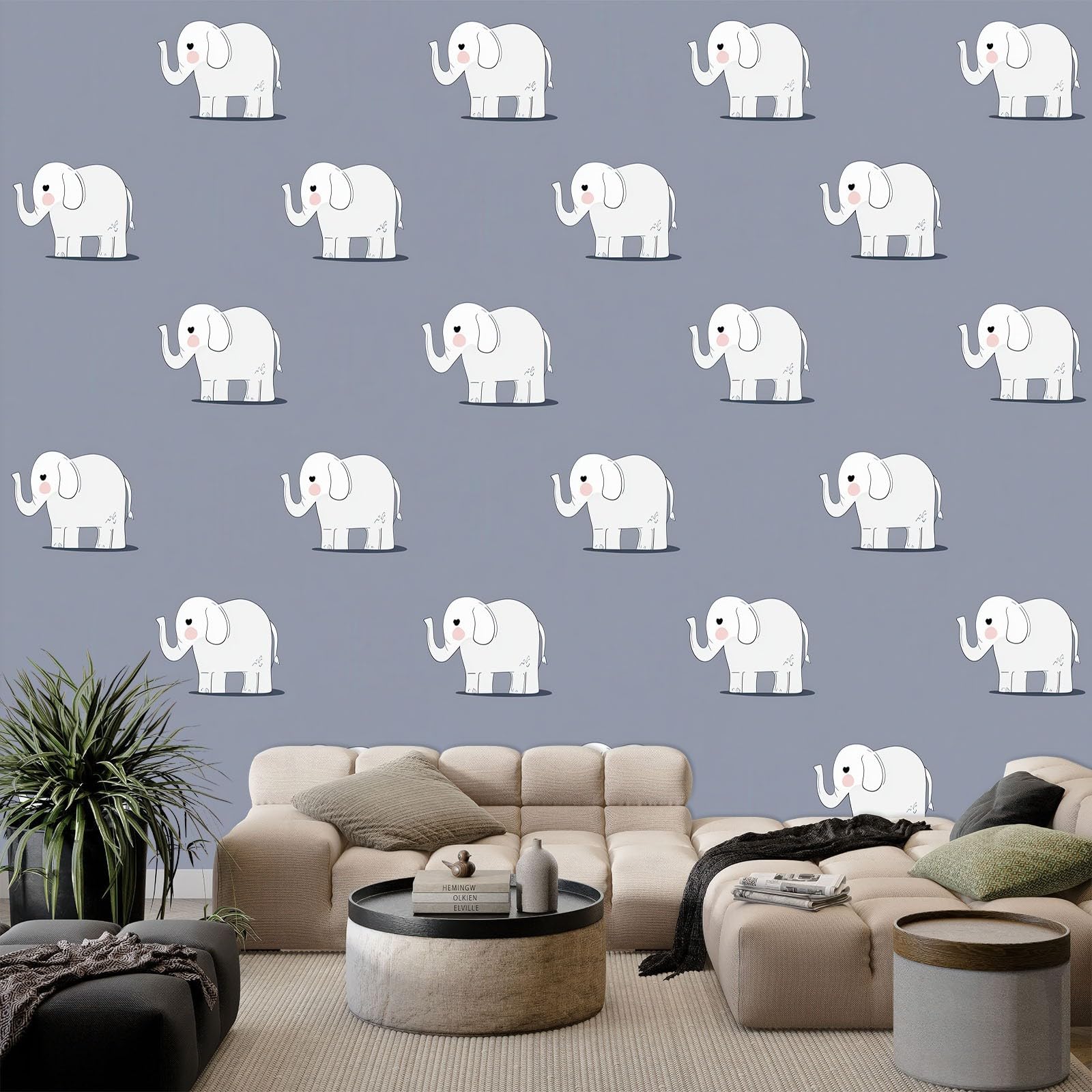 Photo Wallpaper W 450 x H 315 cm - Non-Woven Premium Minimalist Cute Animals Elephant Wall Mural for Living Room Bedroom, Mural Wallpaper TV Background Wall Home Decoration, Dark Gray