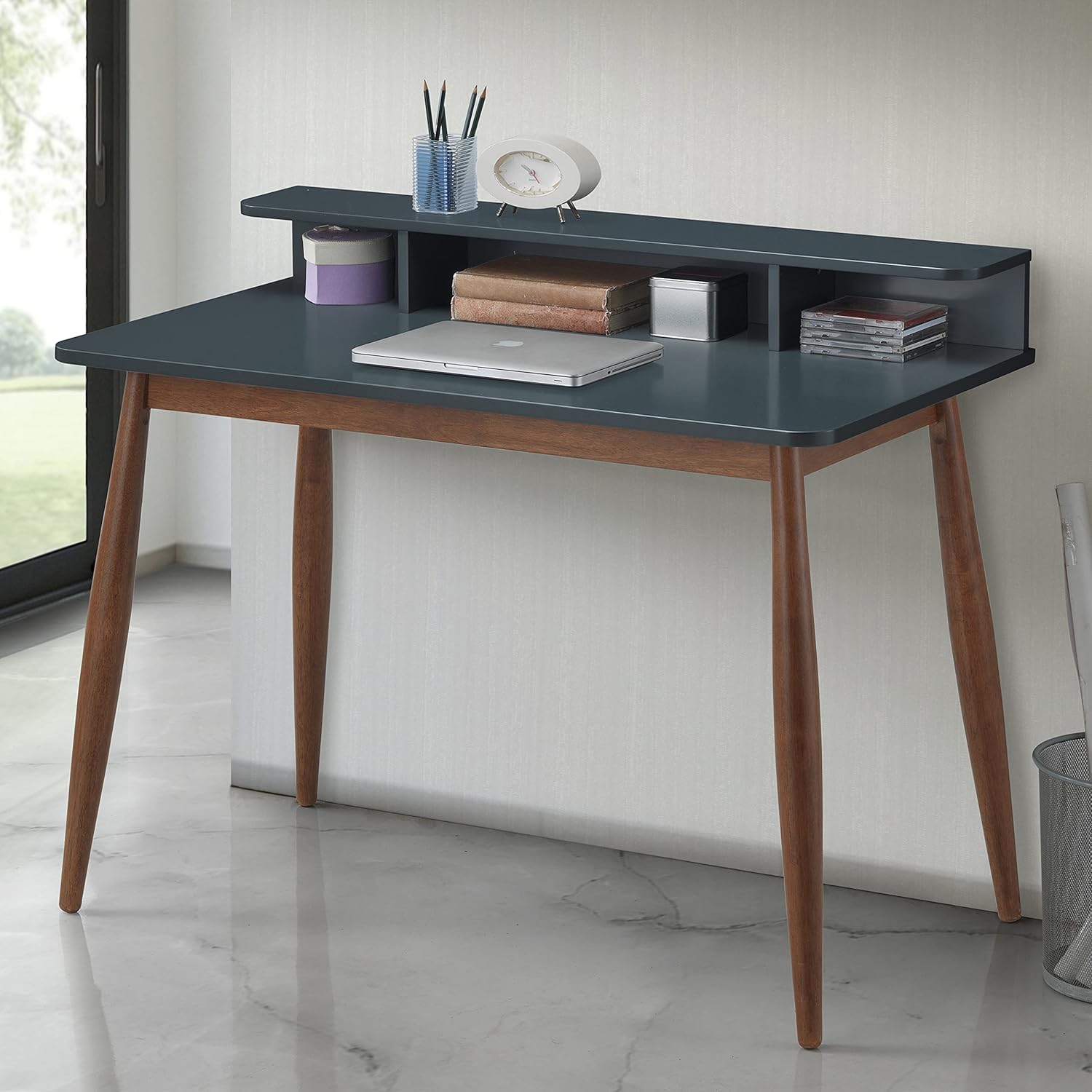 Haugen Contemporary Wood Writing Desk with Hutch, White