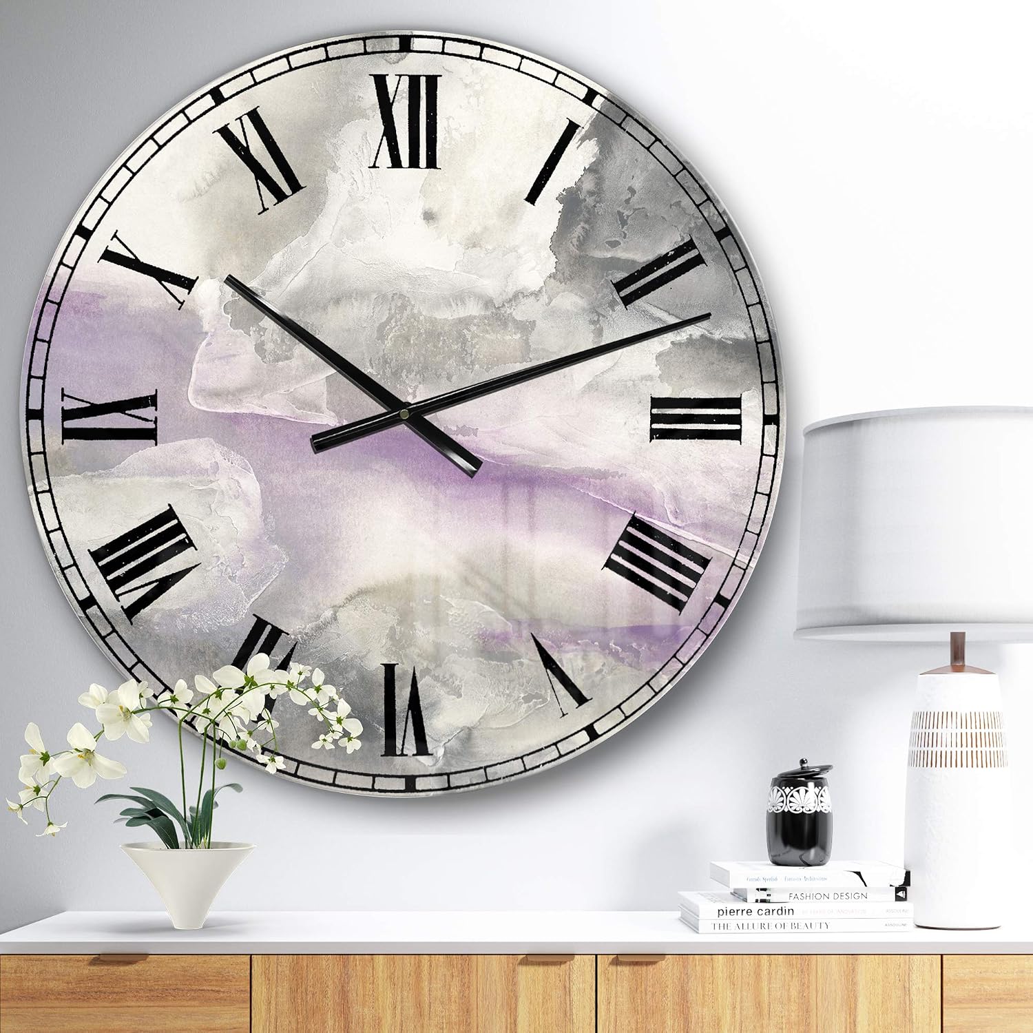 'Watercolor Minimal Purple Tones I' Farmhouse Wall Clock for Home Bedroom Bathroom Office Living Room Decoration