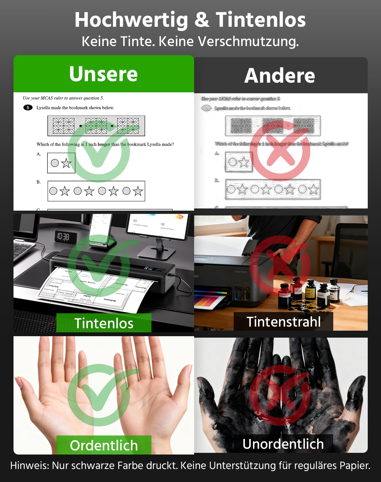 PB821 Thermodrucker A4, Bluetooth Mobiler Drucker A4 für Unterwegs, Büro, Schule, Zuhause, Kompatibel mit Smartphones und Computern, Tragbarer Drucker mit 3 Rollen Thermopapier, Schwarz