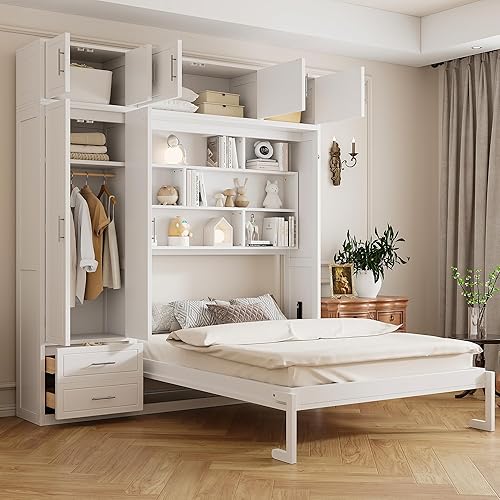 Merax Queen Size Murphy Bed with Top Cabinet, Shelves and Wardrobe, Fold into The Wall, Space-Saving Design, Multifunctional Foldable Platform Bed Frame for Bedroom, Guest Room, Home Office, White