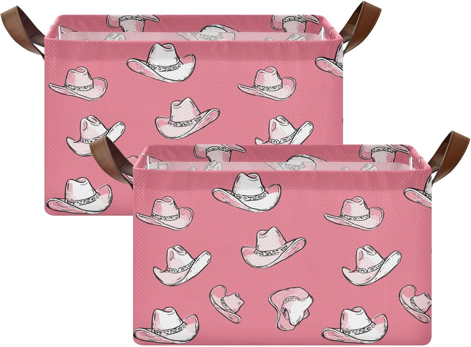 Doodle Pink Western Cowgirl Hat Storage Basket Foldable Cube Storage Bins with Handles&Labels Waterproof Organizer Box Bin Large Rectangle Baskets for Shelves Home Living Room Closet, 2 Pack