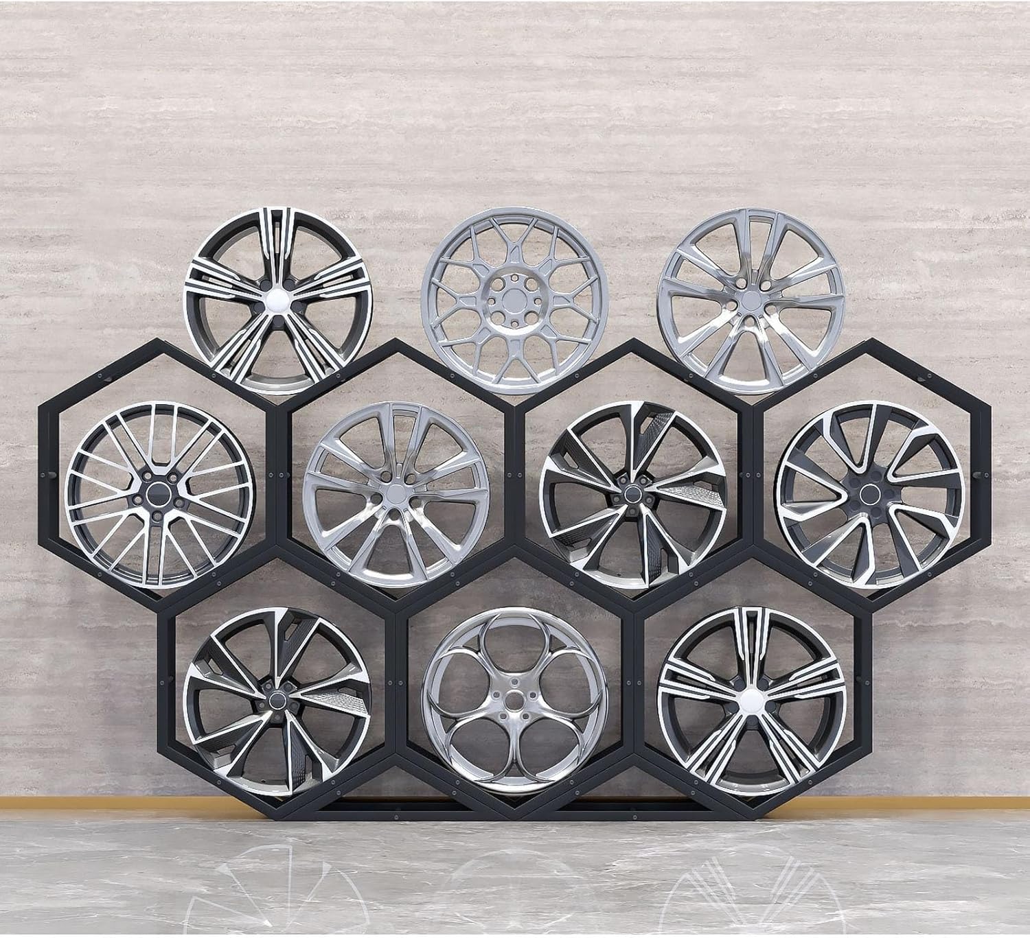 Car Tire Display Rack Car Wheel Stand for Display, Rims Tire Rack for Garage, Tire Wheel Rim Holder, Steel Spare Tyre Organizer, Freely Combinable(7 Framework w/2 Base)