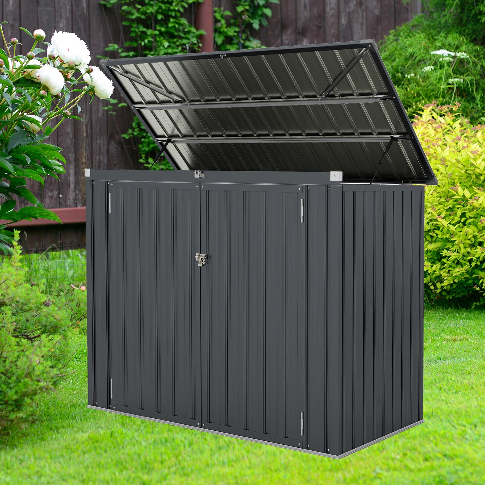 HOMASIS Mülltonnenbox für 2 Mülltonnen, 1,5 m² Gerätehaus Metall, wetterfest Geräteschuppen mit Doppeltür & Klappdeckel, abschließbar Gartenbox Müllbox dunkelgrau, inkl. 2 Handschuhen, 172x101x130cm