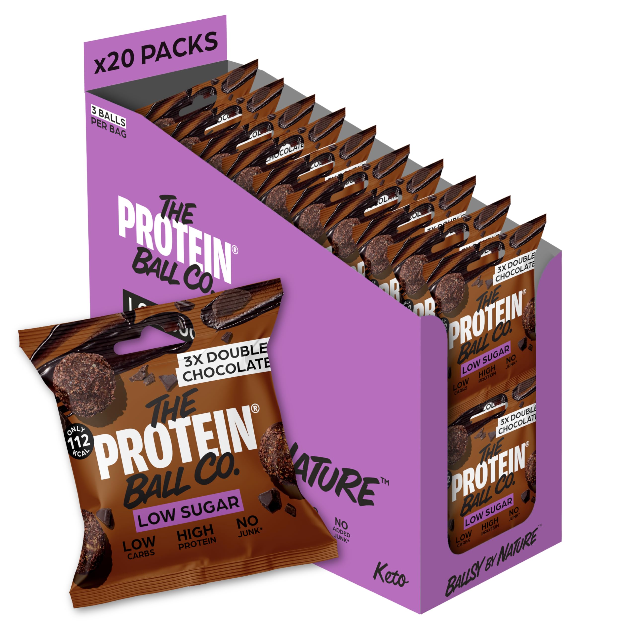 The Protein Ball Co Double Chocolate Low Sugar Protein Balls - Keto Friendly Snacks, Gluten-Free, Low Carb, Low Calorie Snacks - Healthy Energy Balls, Box of 20 Bags